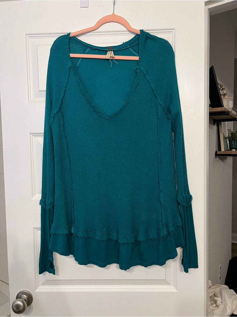 Free People Teal V-Neck Waffle Knit Layered-Hem Sweater